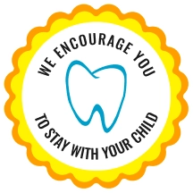 A sticker with the logo and 'we encourage you to stay with your child'
